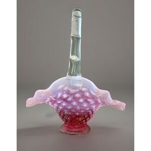 Vintage 7" Fenton Opalescent Pink & White Hobnail Glass Basket Ribbed Handle